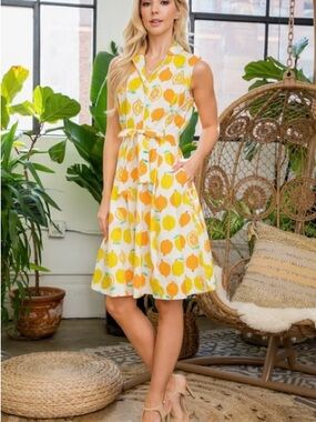 Sleeveless Lemon Print Tie-Waist Dress